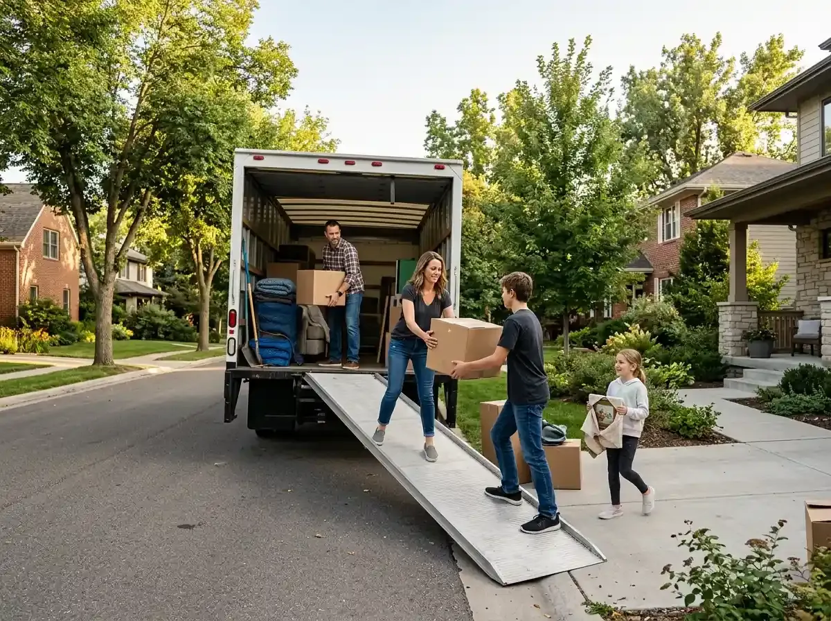 Family unloading boxes from a moving truck in a suburban neighborhood driveway on a sunny day.